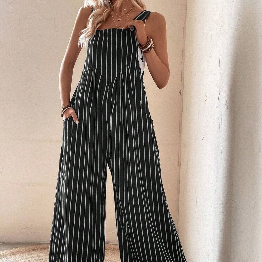 Black Casual Womens Striped Print Slant Pocket Wide Leg Overalls Without Top - Picture 4 of 5